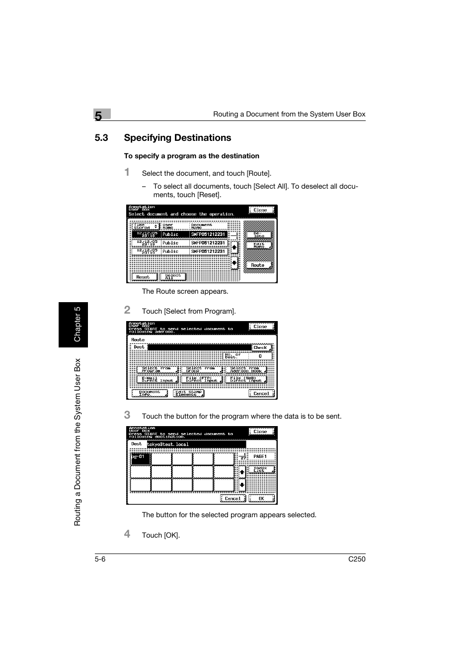 3 specifying destinations, To specify a program as the destination, Specifying destinations -6 | To specify a program as the destination -6, P. 5-6 | Konica Minolta bizhub C250 User Manual | Page 109 / 194