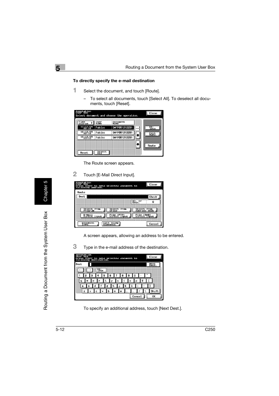 To directly specify the e-mail destination, To directly specify the e-mail destination -12, P. 5-12 | Konica Minolta bizhub C250 User Manual | Page 115 / 194