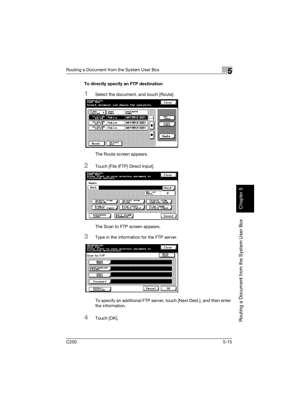 To directly specify an ftp destination, To directly specify an ftp destination -15, P. 5-15 | Konica Minolta bizhub C250 User Manual | Page 118 / 194