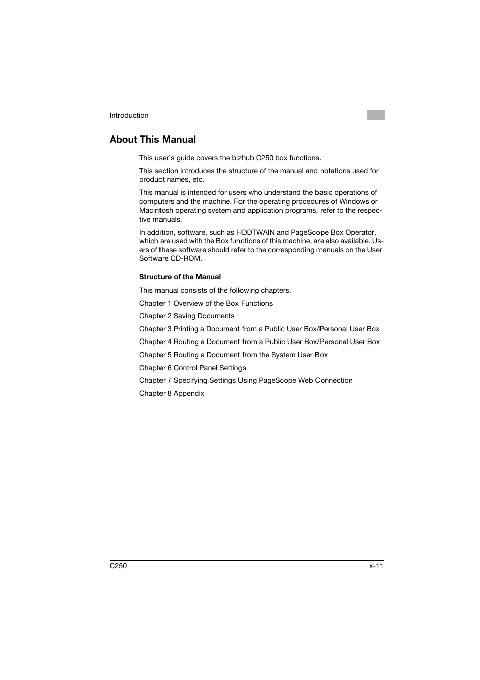 About this manual, Structure of the manual | Konica Minolta bizhub C250 User Manual | Page 12 / 194