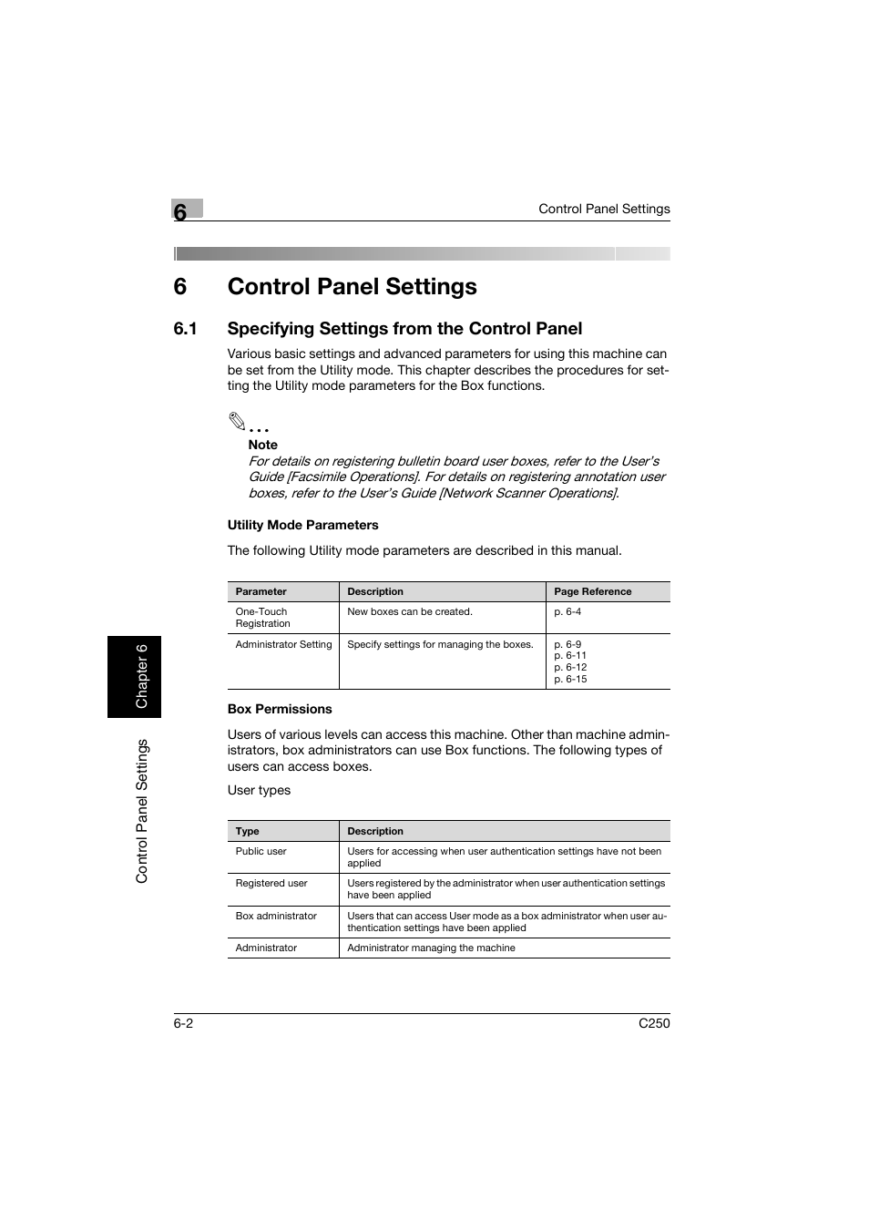 6 control panel settings, 1 specifying settings from the control panel, Utility mode parameters | Box permissions, Control panel settings, Specifying settings from the control panel -2, Utility mode parameters -2 box permissions -2, 6control panel settings | Konica Minolta bizhub C250 User Manual | Page 127 / 194