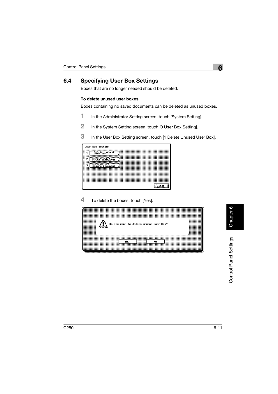 4 specifying user box settings, To delete unused user boxes, Specifying user box settings -11 | To delete unused user boxes -11, P. 6-11 | Konica Minolta bizhub C250 User Manual | Page 136 / 194