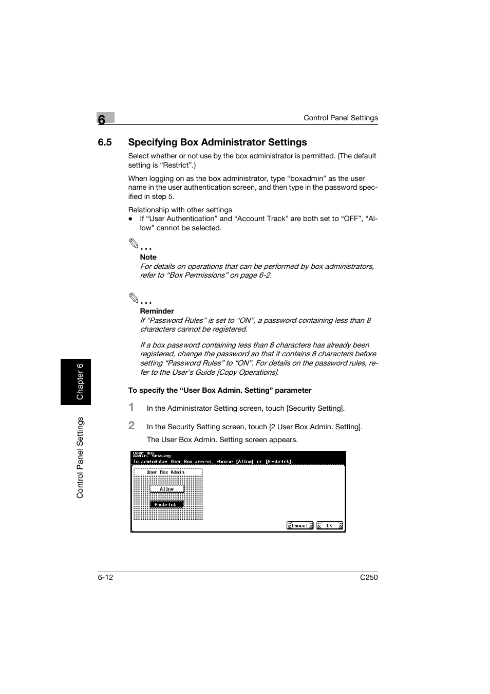 5 specifying box administrator settings, To specify the “user box admin. setting” parameter, Specifying box administrator settings -12 | P. 6-12 | Konica Minolta bizhub C250 User Manual | Page 137 / 194