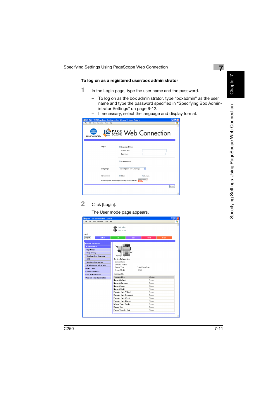 To log on as a registered user/box administrator | Konica Minolta bizhub C250 User Manual | Page 164 / 194