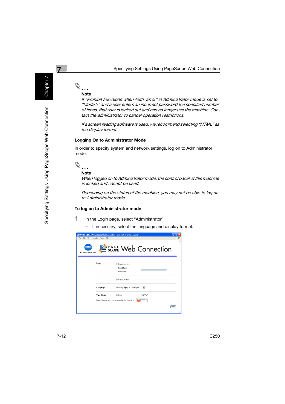Logging on to administrator mode, To log on to administrator mode | Konica Minolta bizhub C250 User Manual | Page 165 / 194