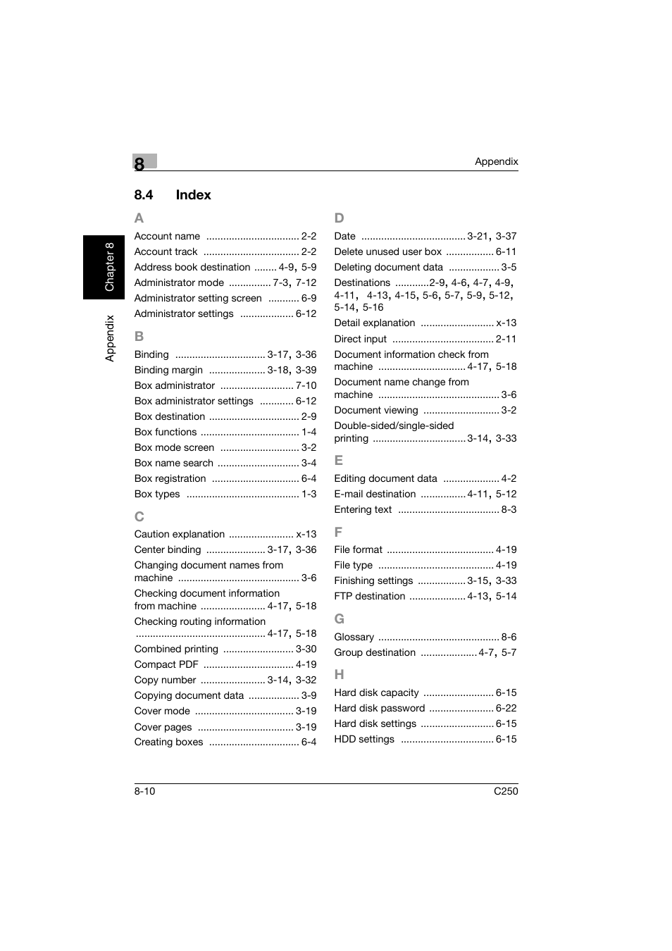 4 index, A to h, Index -10 | Konica Minolta bizhub C250 User Manual | Page 191 / 194