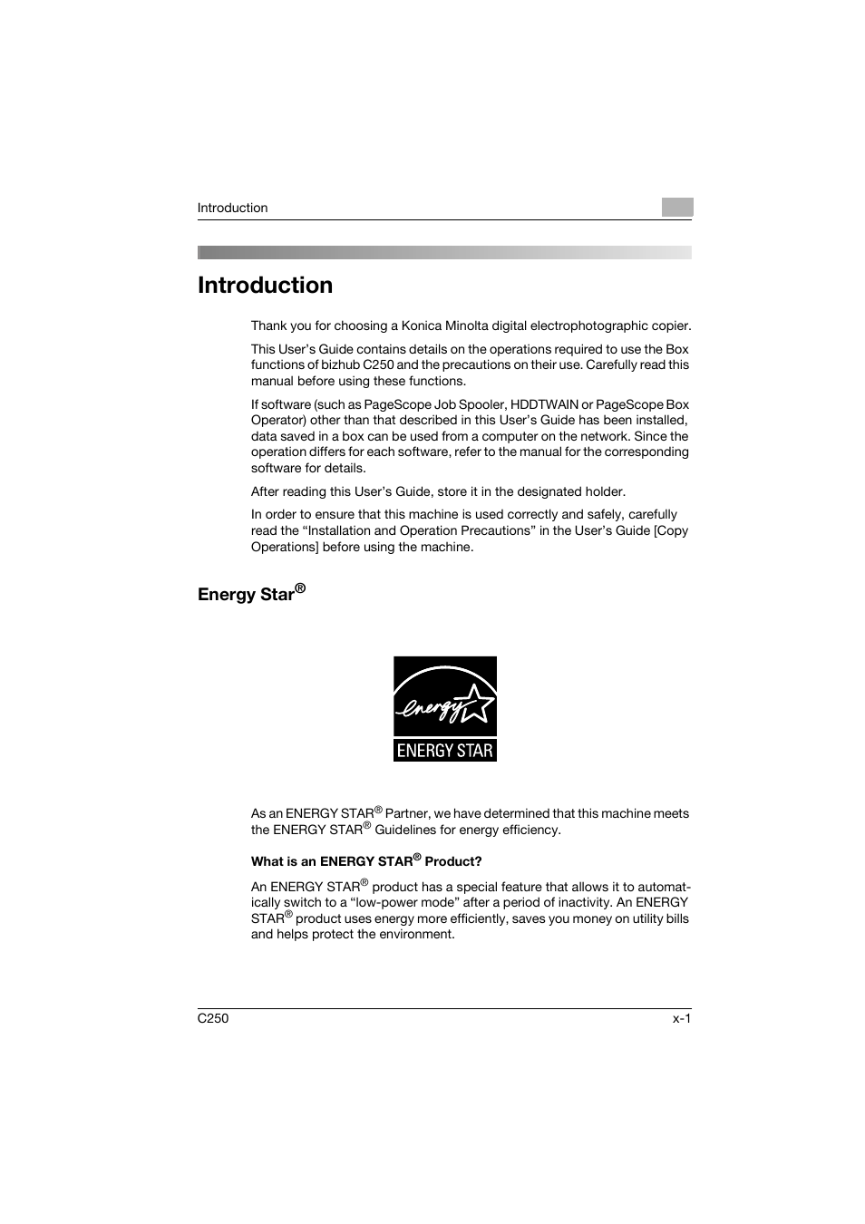 Introduction, Energy star, What is an energy star® product | Konica Minolta bizhub C250 User Manual | Page 2 / 194
