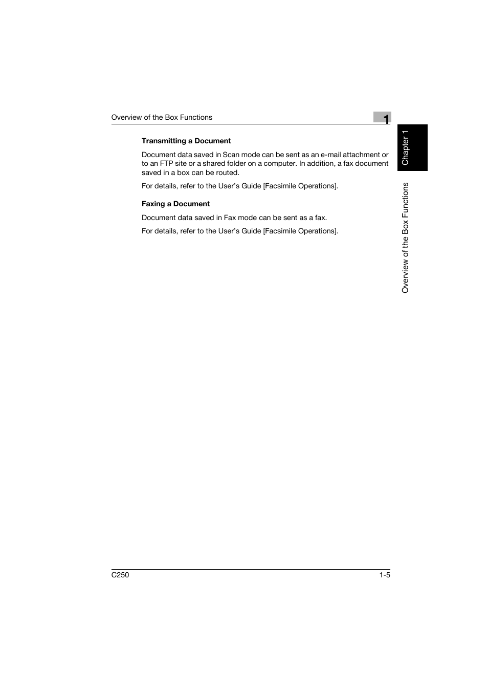 Transmitting a document, Faxing a document, Transmitting a document -5 faxing a document -5 | Konica Minolta bizhub C250 User Manual | Page 22 / 194