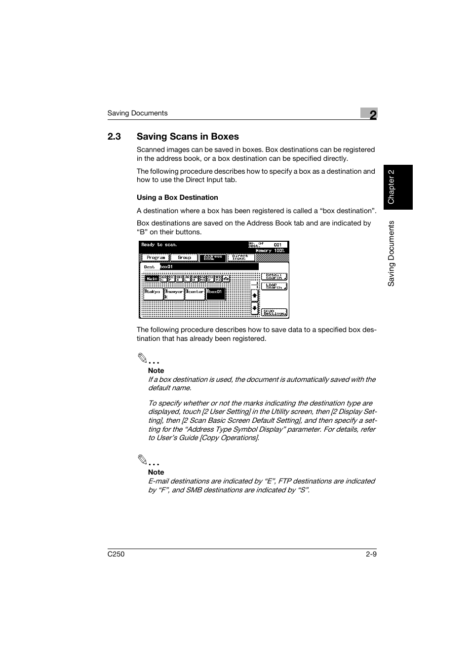 3 saving scans in boxes, Using a box destination, Saving scans in boxes -9 | Using a box destination -9 | Konica Minolta bizhub C250 User Manual | Page 32 / 194