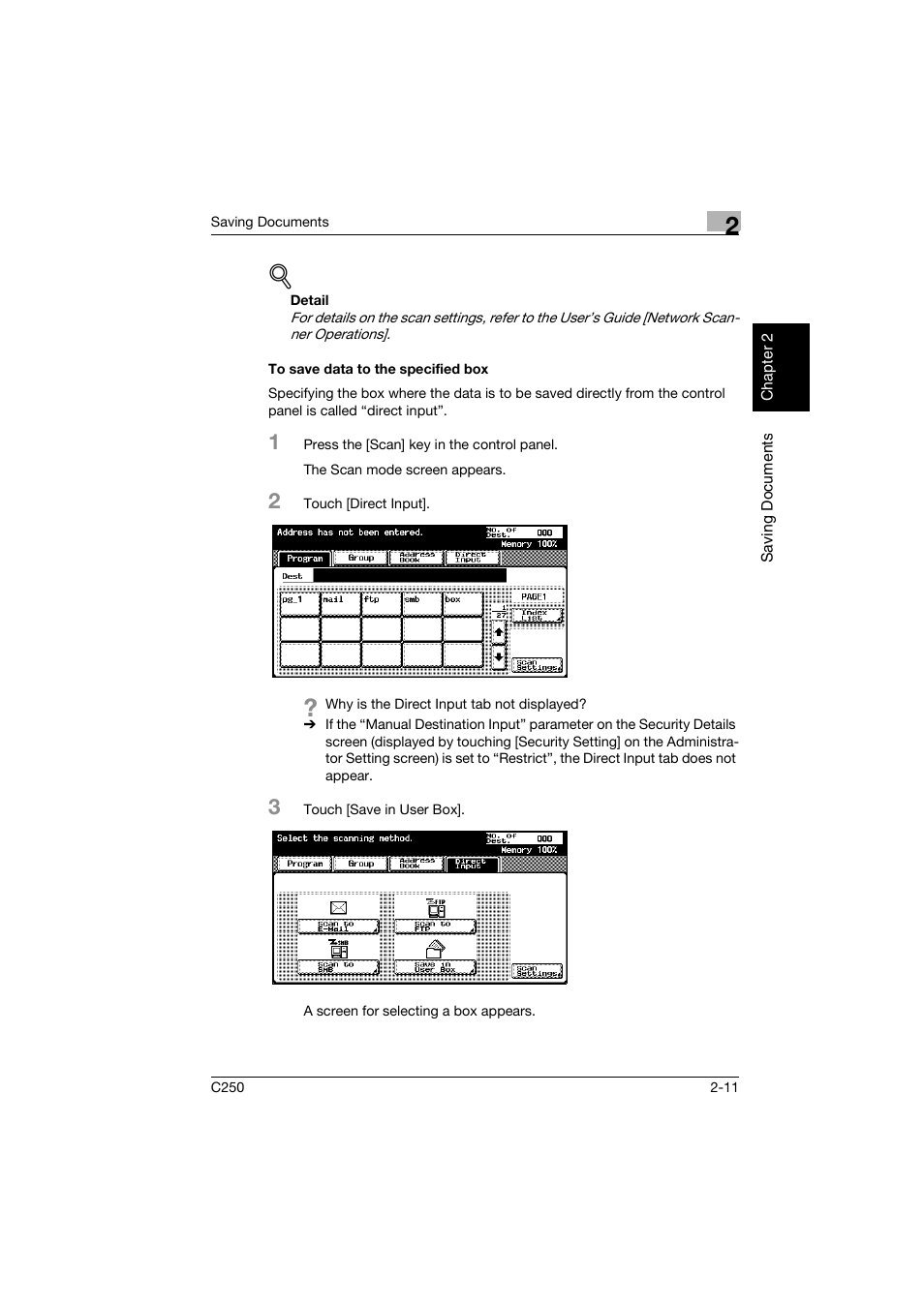 To save data to the specified box, To save data to the specified box -11 | Konica Minolta bizhub C250 User Manual | Page 34 / 194