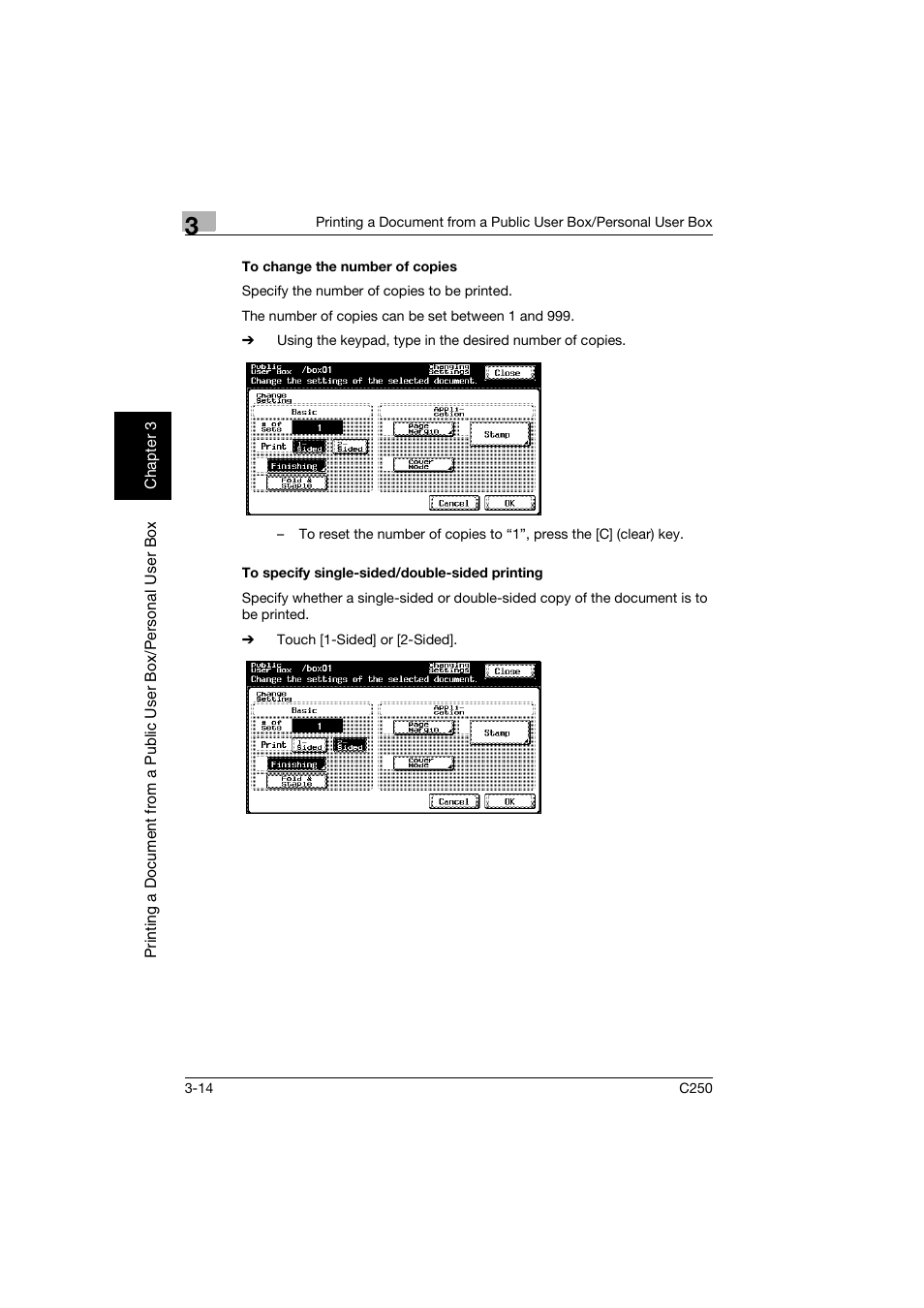 To change the number of copies, To specify single-sided/double-sided printing, P. 3-14 | Konica Minolta bizhub C250 User Manual | Page 51 / 194