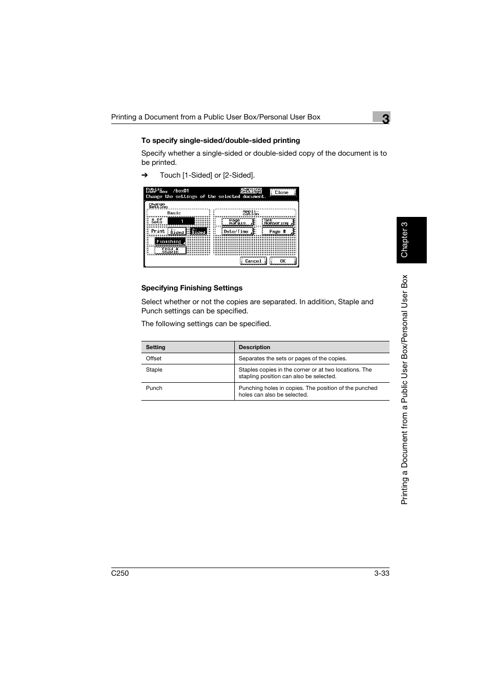 To specify single-sided/double-sided printing, Specifying finishing settings, P. 3-33 | Konica Minolta bizhub C250 User Manual | Page 70 / 194