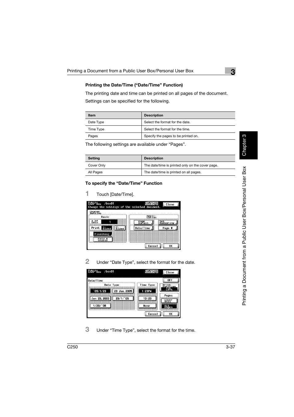 Printing the date/time (“date/time” function), To specify the “date/time” function, P. 3-37 | Konica Minolta bizhub C250 User Manual | Page 74 / 194