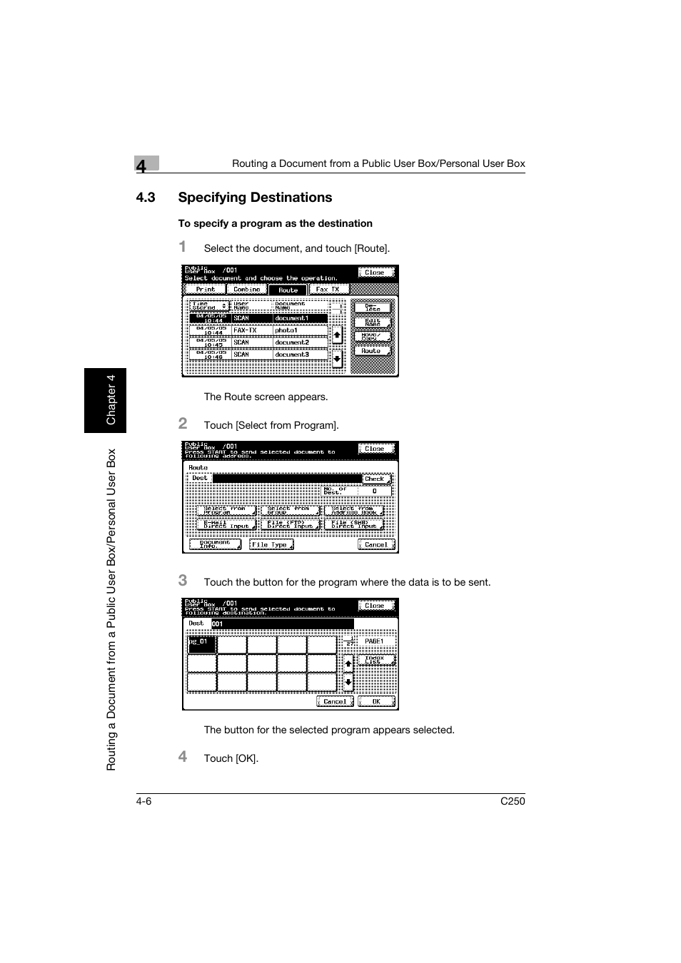 3 specifying destinations, To specify a program as the destination, Specifying destinations -6 | To specify a program as the destination -6, P. 4-6 | Konica Minolta bizhub C250 User Manual | Page 87 / 194