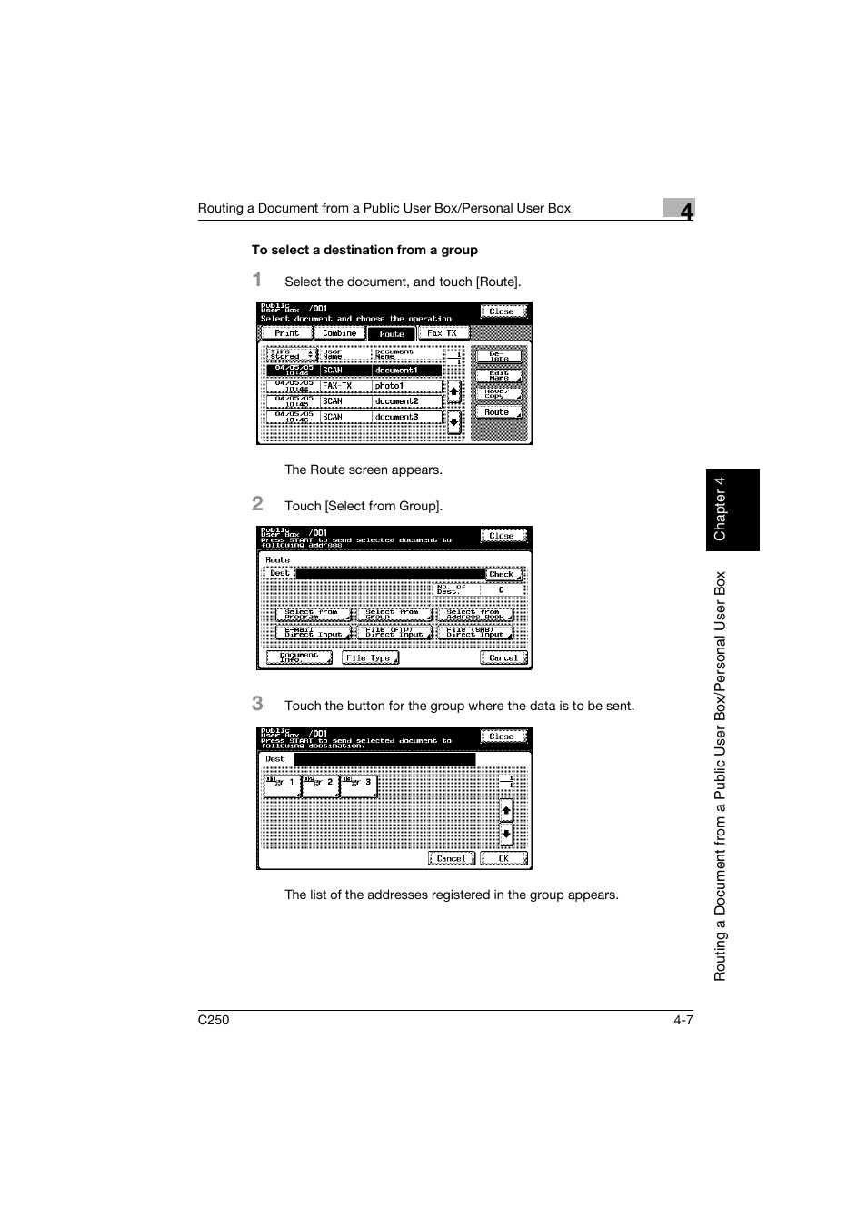 To select a destination from a group, To select a destination from a group -7, P. 4-7 | Konica Minolta bizhub C250 User Manual | Page 88 / 194