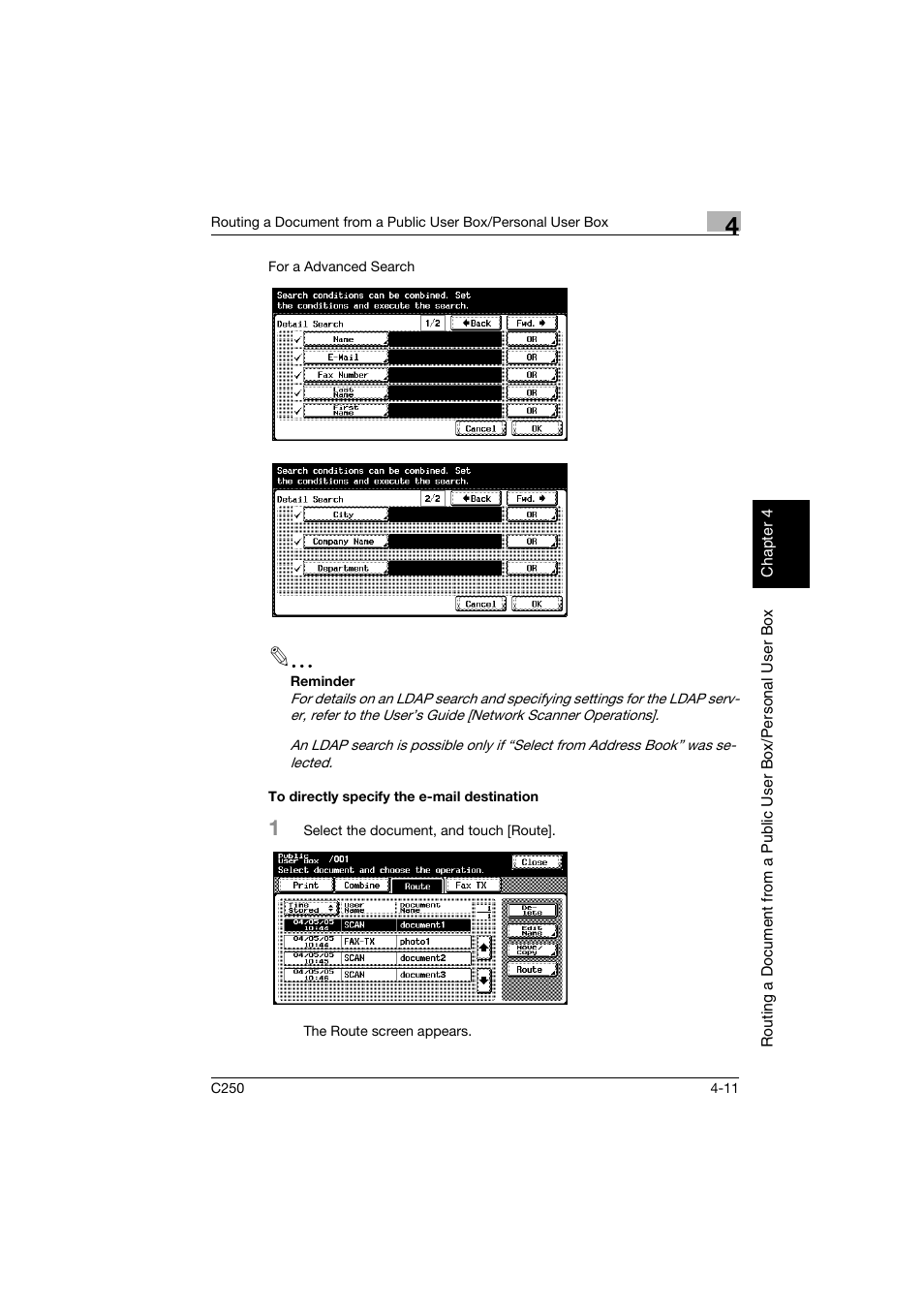 To directly specify the e-mail destination, To directly specify the e-mail destination -11, P. 4-11 | Konica Minolta bizhub C250 User Manual | Page 92 / 194