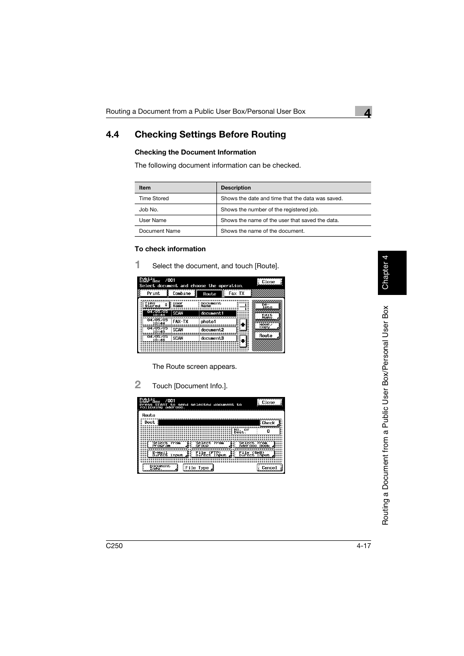 4 checking settings before routing, Checking the document information, To check information | Checking settings before routing -17 | Konica Minolta bizhub C250 User Manual | Page 98 / 194