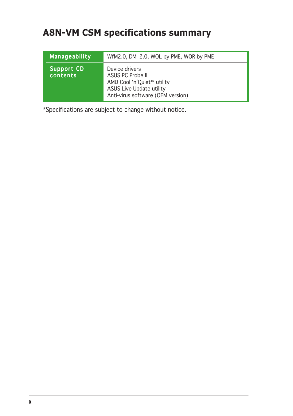 A8n-vm csm specifications summary | Asus A8N-VM CSM User Manual | Page 10 / 86