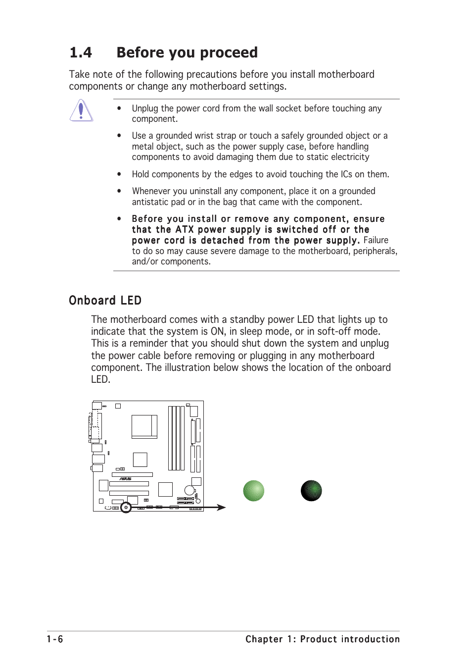 4 before you proceed, Onboard led | Asus A8N-VM CSM User Manual | Page 16 / 86