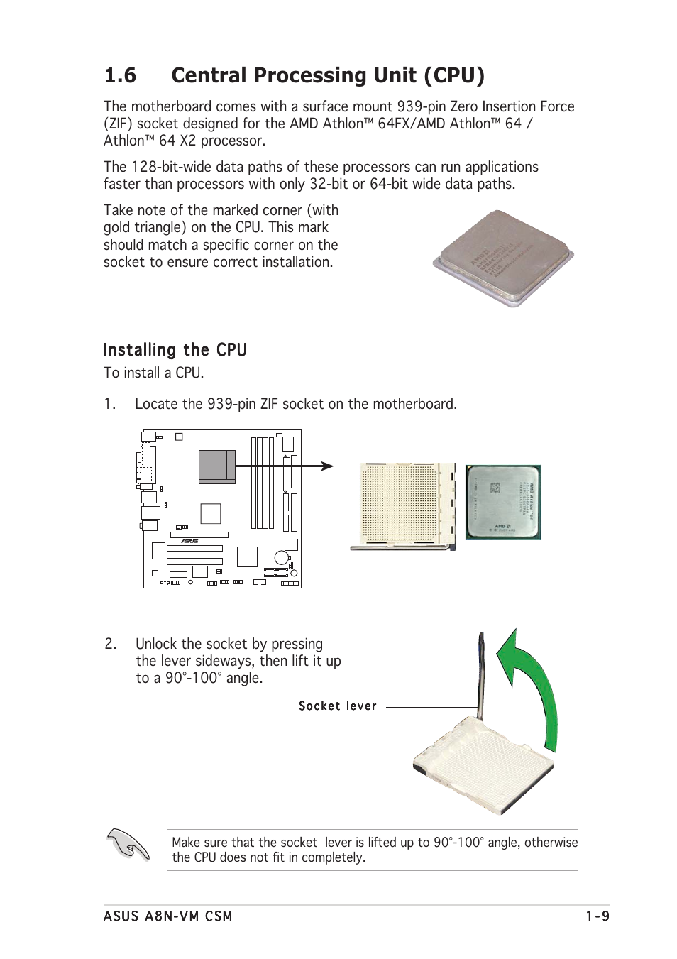 6 central processing unit (cpu), Installing the cpu | Asus A8N-VM CSM User Manual | Page 19 / 86