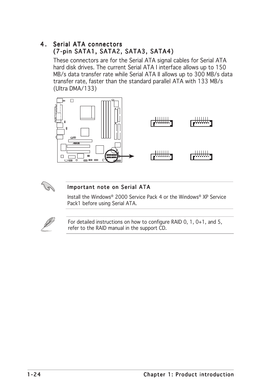 Xp service pack1 before using serial ata, A8n-vm csm sata connectors sata1 sata2 | Asus A8N-VM CSM User Manual | Page 34 / 86