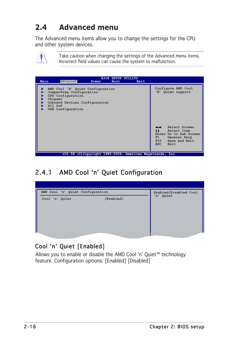 4 advanced menu, Cool ‘n’ quiet [enabled | Asus A8N-VM CSM User Manual | Page 56 / 86