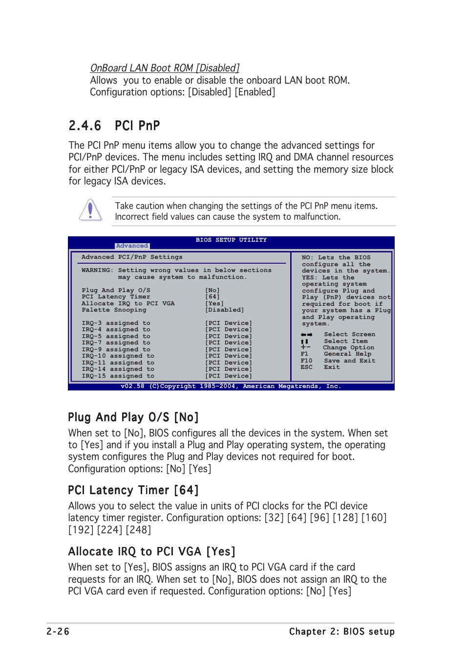 6 pci pnp pci pnp pci pnp pci pnp pci pnp, Plug and play o/s [no, Pci latency timer [64 | Allocate irq to pci vga [yes | Asus A8N-VM CSM User Manual | Page 66 / 86