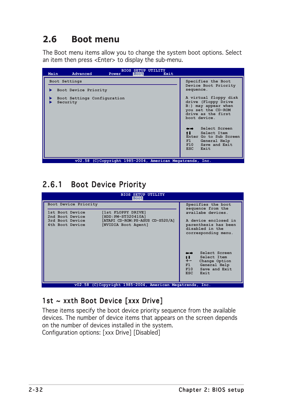 6 boot menu, 1st ~ xxth boot device [xxx drive | Asus A8N-VM CSM User Manual | Page 72 / 86