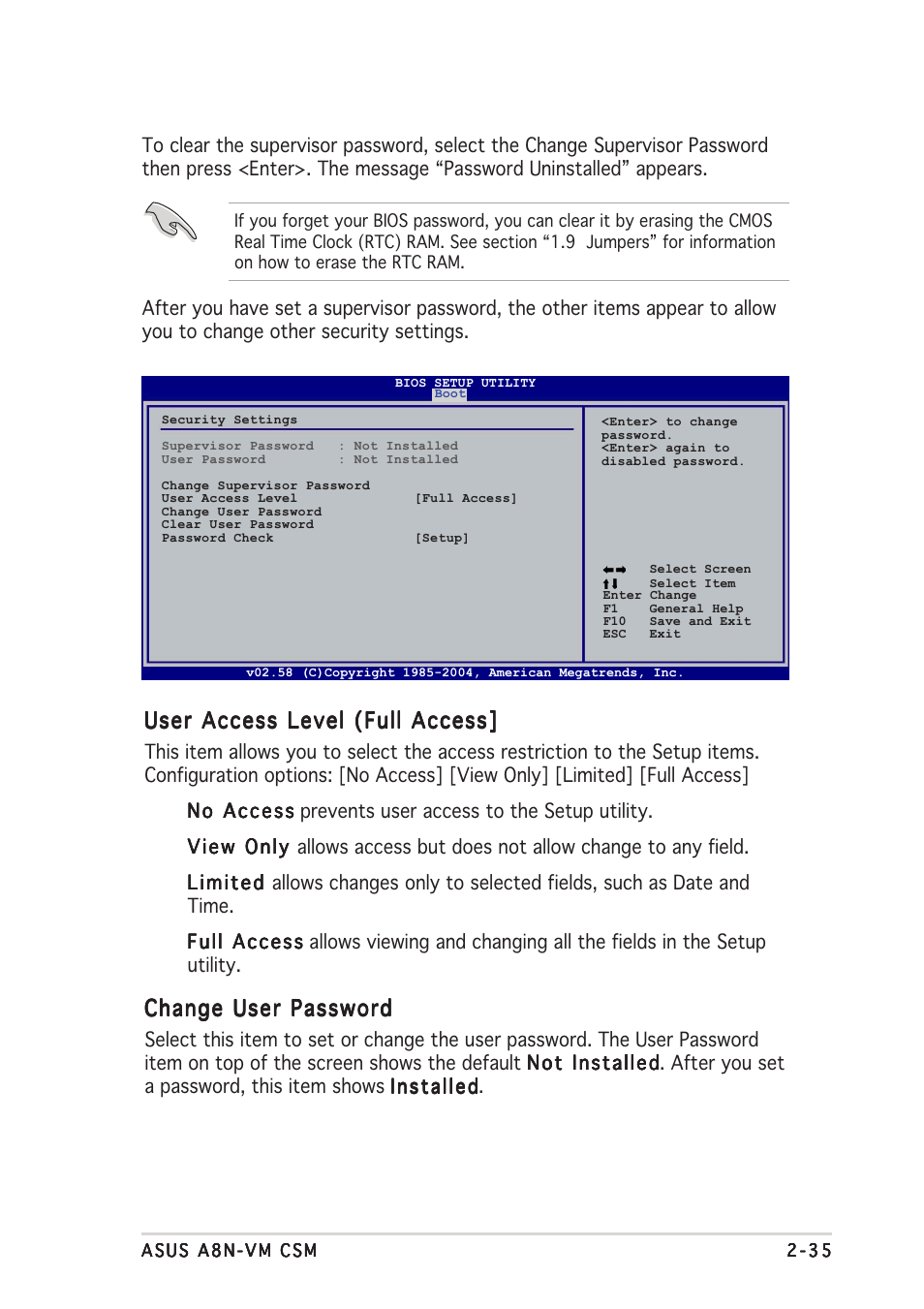 User access level (full access, Change user password | Asus A8N-VM CSM User Manual | Page 75 / 86