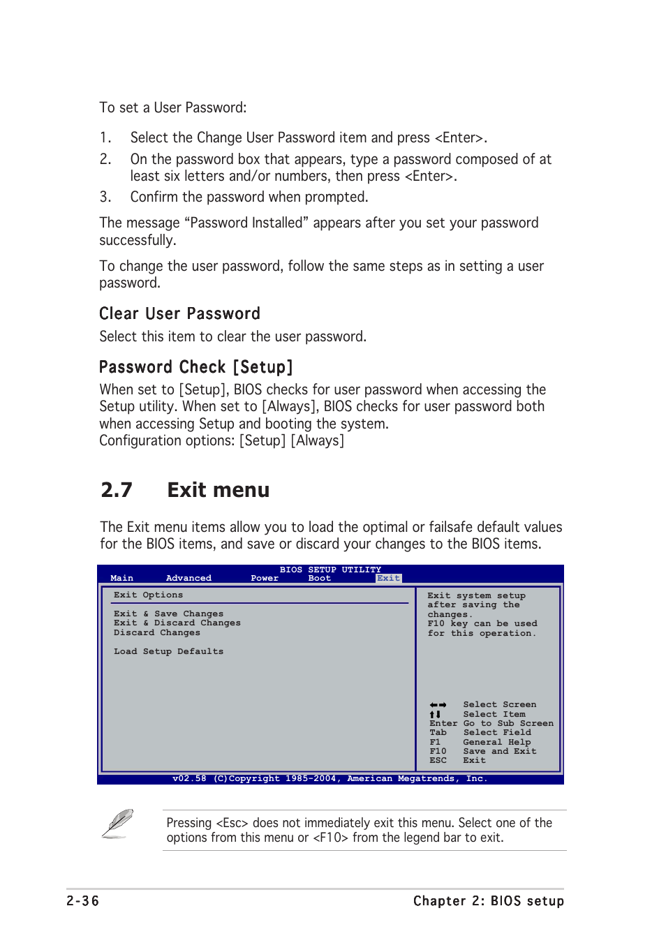 7 exit menu, Clear user password, Password check [setup | Asus A8N-VM CSM User Manual | Page 76 / 86