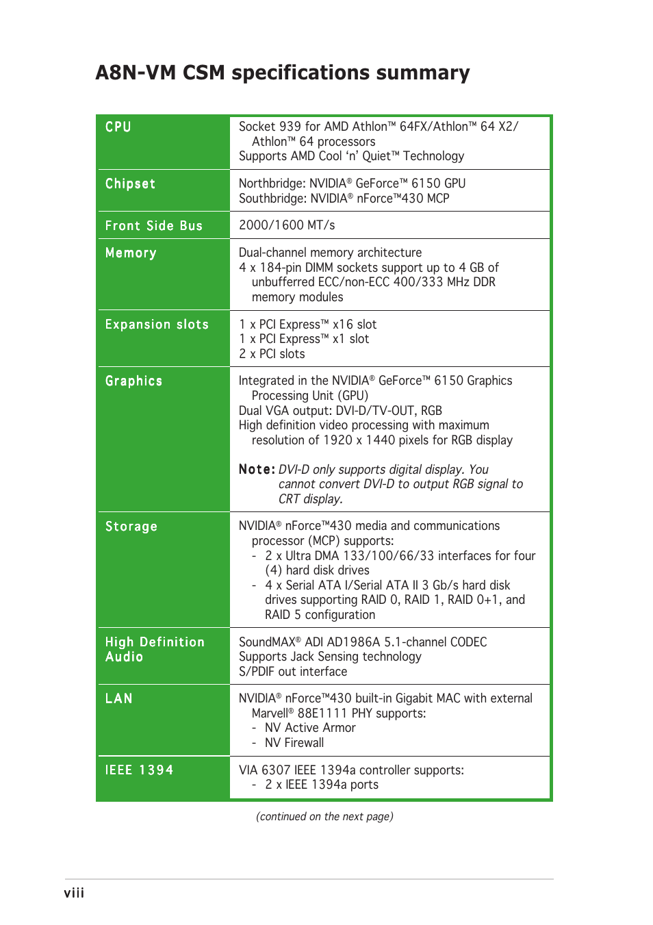 A8n-vm csm specifications summary | Asus A8N-VM CSM User Manual | Page 8 / 86