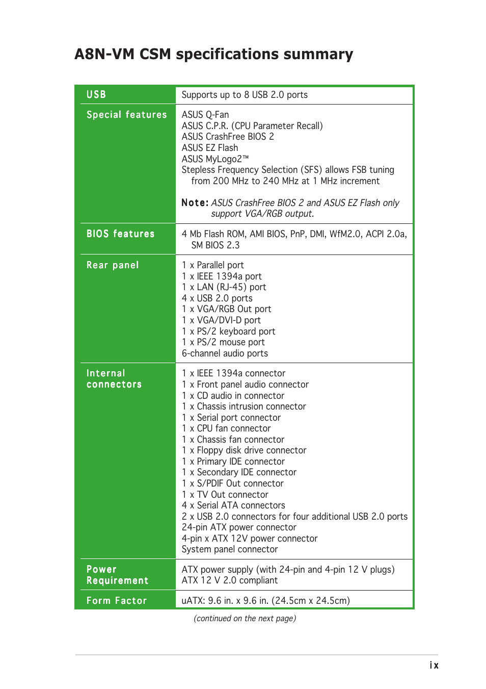 A8n-vm csm specifications summary | Asus A8N-VM CSM User Manual | Page 9 / 86