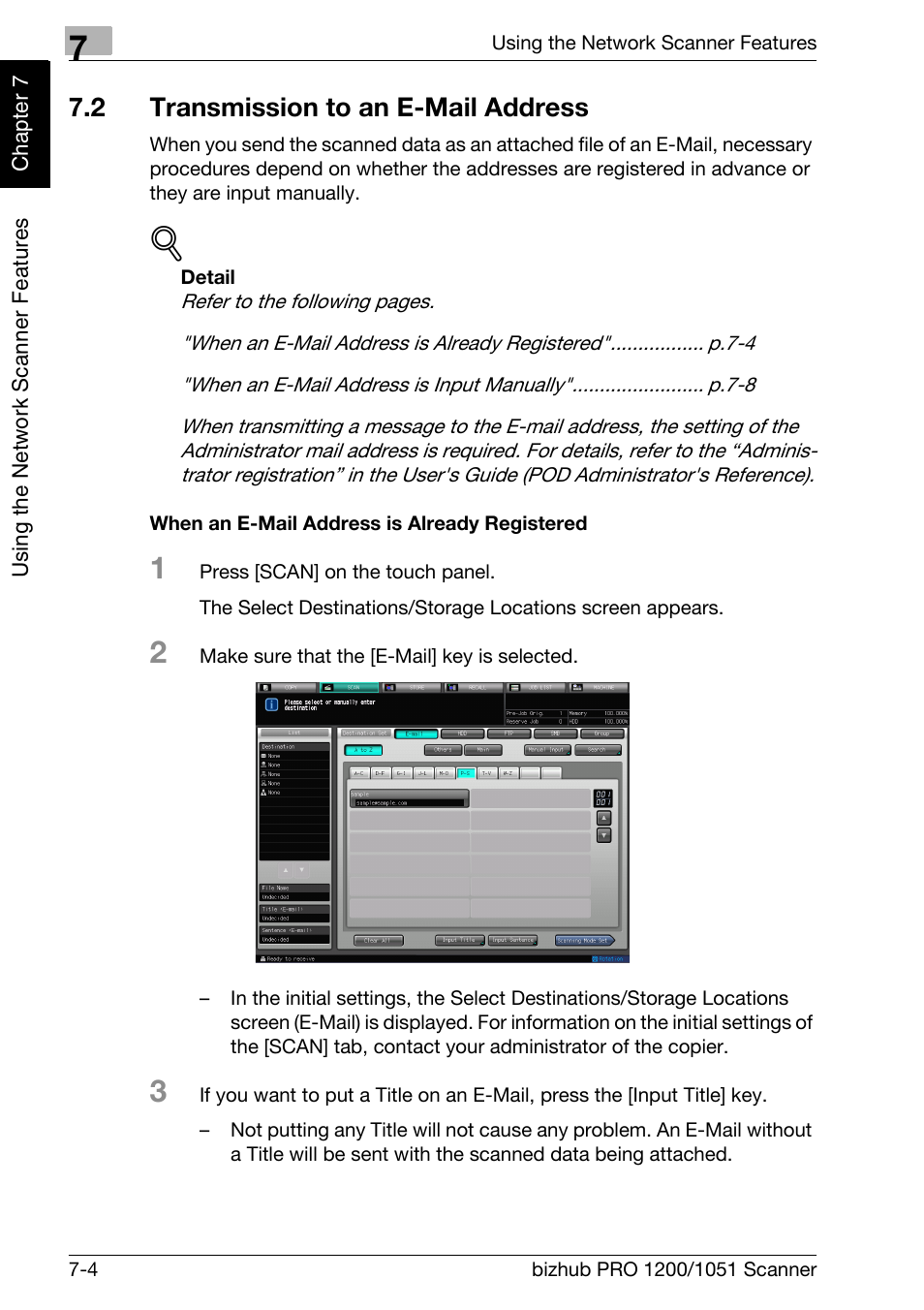 2 transmission to an e-mail address, Transmission to an e-mail address -4, Transmission to an e-mail address | P.7-4 | Konica Minolta bizhub PRO 1200 User Manual | Page 115 / 170