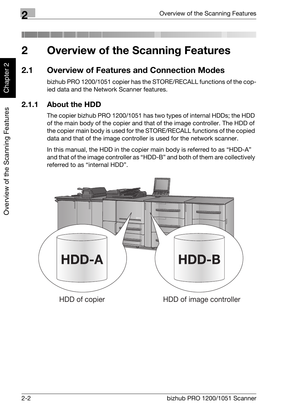 2 overview of the scanning features, 1 overview of features and connection modes, 1 about the hdd | Overview of the scanning features, Overview of features and connection modes -2, About the hdd -2, Chapter 2 overview of the scanning features, 2overview of the scanning features | Konica Minolta bizhub PRO 1200 User Manual | Page 15 / 170