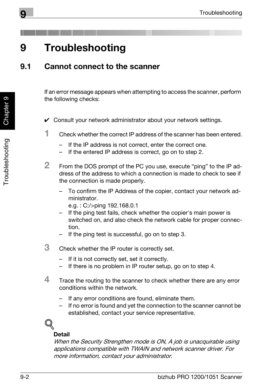 9 troubleshooting, 1 cannot connect to the scanner, Troubleshooting | Cannot connect to the scanner -2, Chapter 9 troubleshooting, 9troubleshooting | Konica Minolta bizhub PRO 1200 User Manual | Page 155 / 170