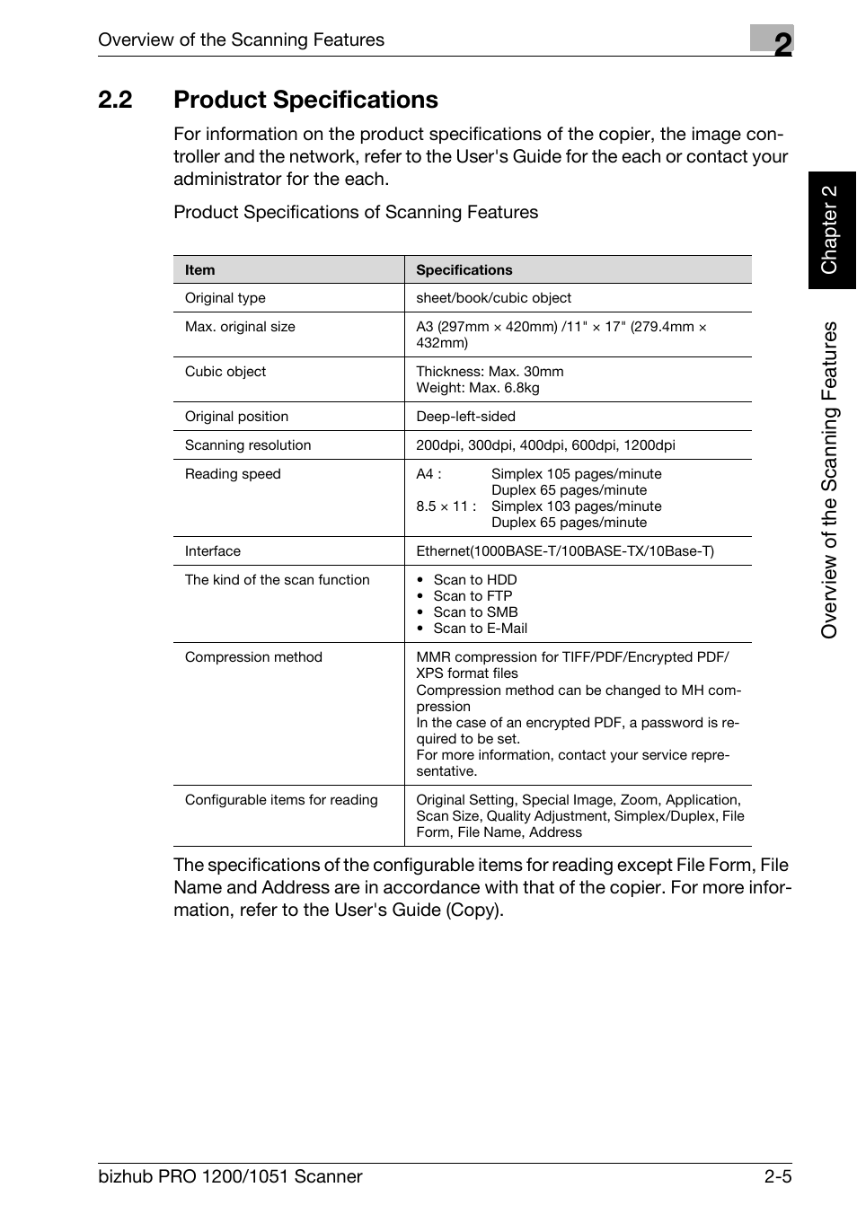 2 product specifications, Product specifications -5 | Konica Minolta bizhub PRO 1200 User Manual | Page 18 / 170