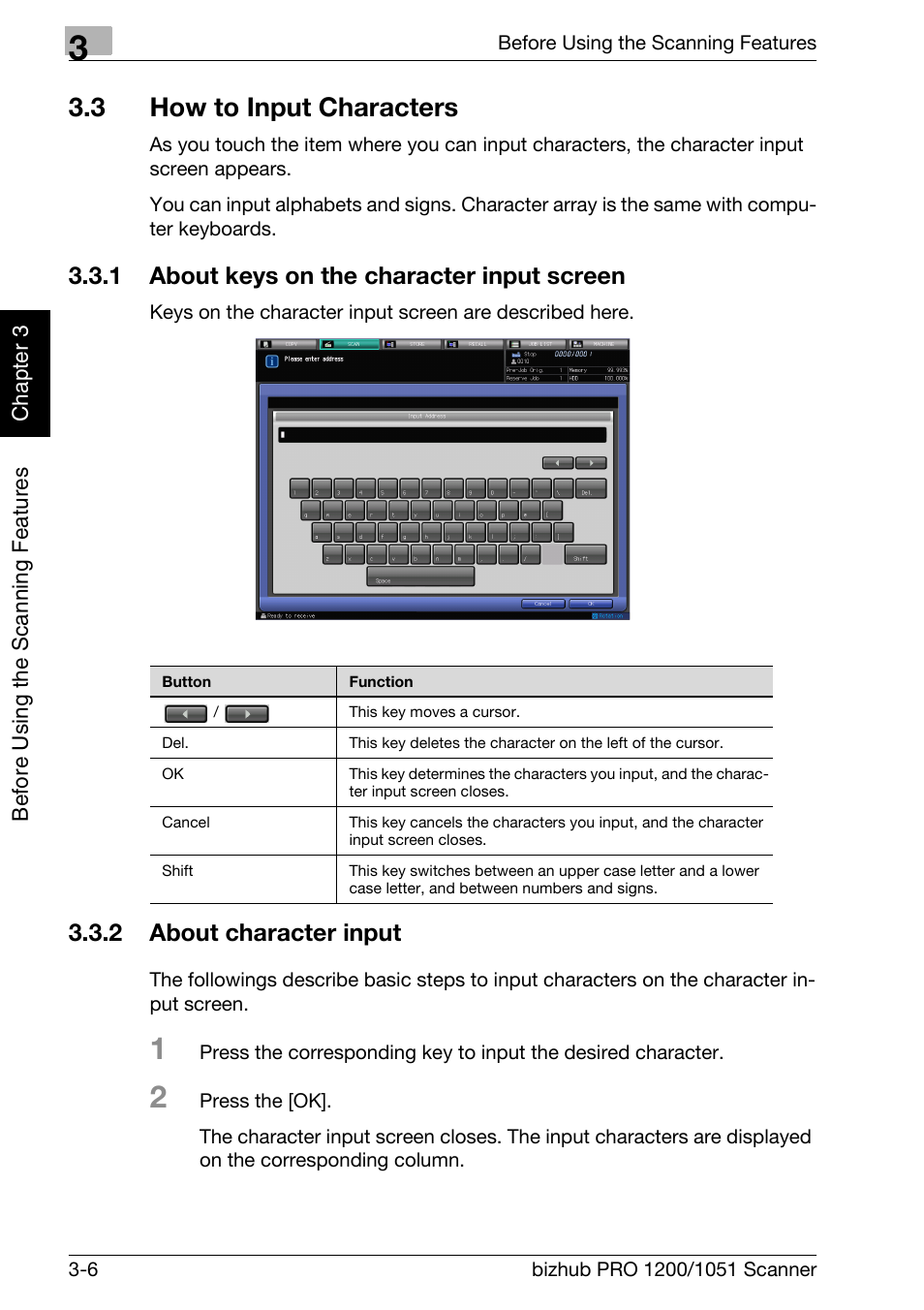 3 how to input characters, 1 about keys on the character input screen, 2 about character input | How to input characters -6, About keys on the character input screen -6, About character input -6 | Konica Minolta bizhub PRO 1200 User Manual | Page 25 / 170