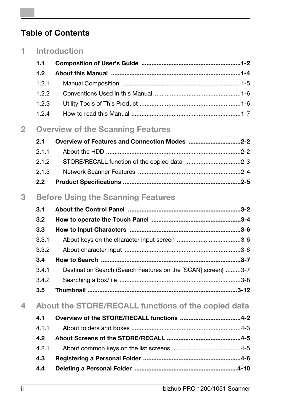 Table of contents 1 introduction, 2overview of the scanning features, 3before using the scanning features | Konica Minolta bizhub PRO 1200 User Manual | Page 3 / 170