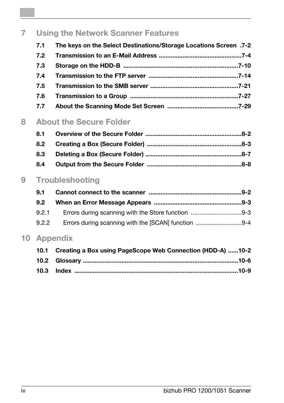 7using the network scanner features, 8about the secure folder, 9troubleshooting | 10 appendix | Konica Minolta bizhub PRO 1200 User Manual | Page 5 / 170