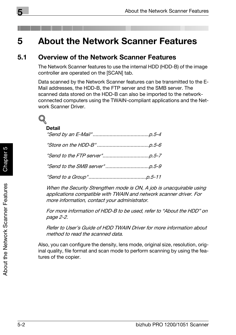 5 about the network scanner features, 1 overview of the network scanner features, About the network scanner features | Overview of the network scanner features -2, Chapter 5 about the network scanner features, 5about the network scanner features | Konica Minolta bizhub PRO 1200 User Manual | Page 81 / 170