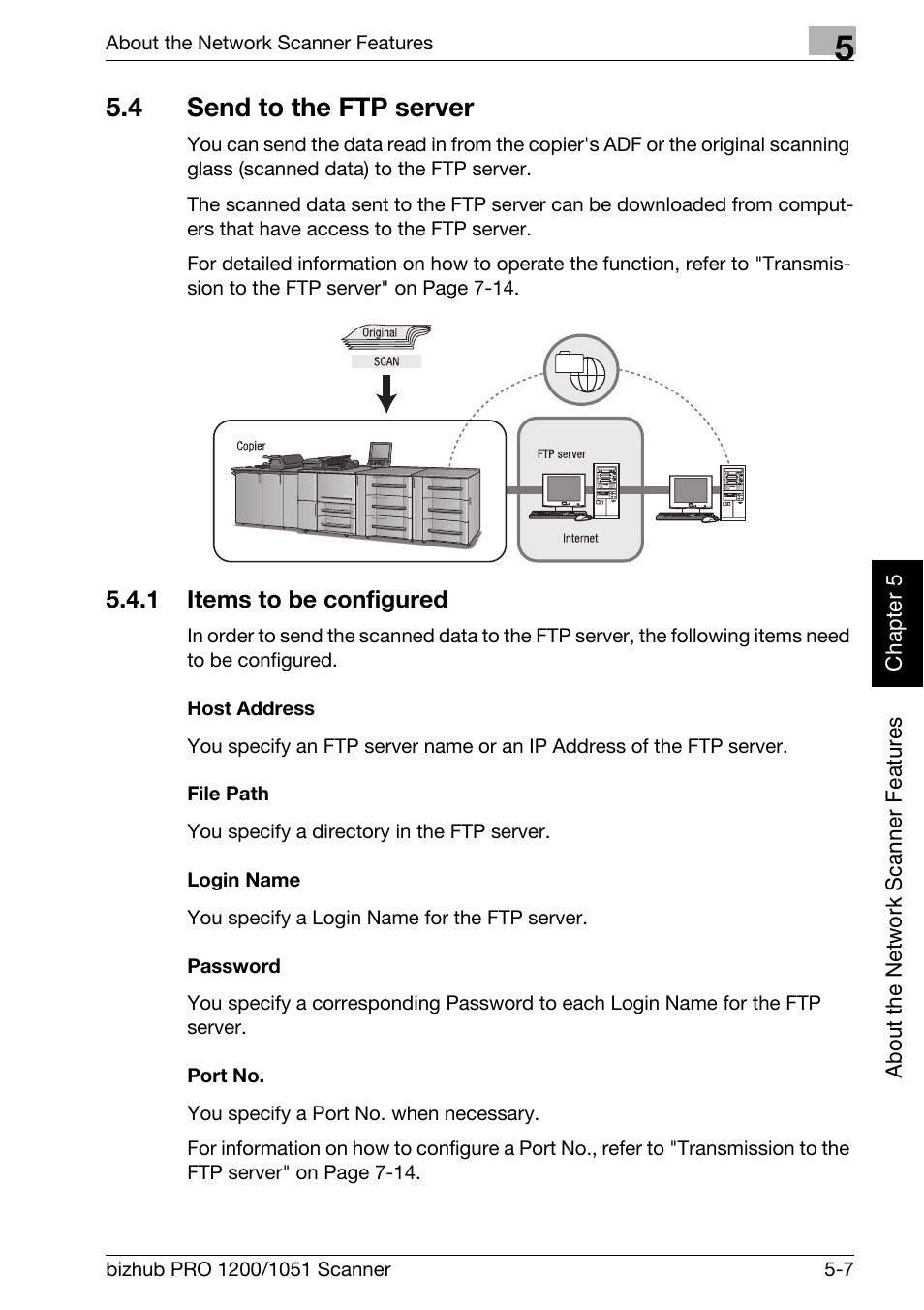 4 send to the ftp server, 1 items to be configured, Send to the ftp server -7 | Items to be configured -7, Send to the ftp server" (p.5-7), Send to the ftp server, P.5-7 | Konica Minolta bizhub PRO 1200 User Manual | Page 86 / 170