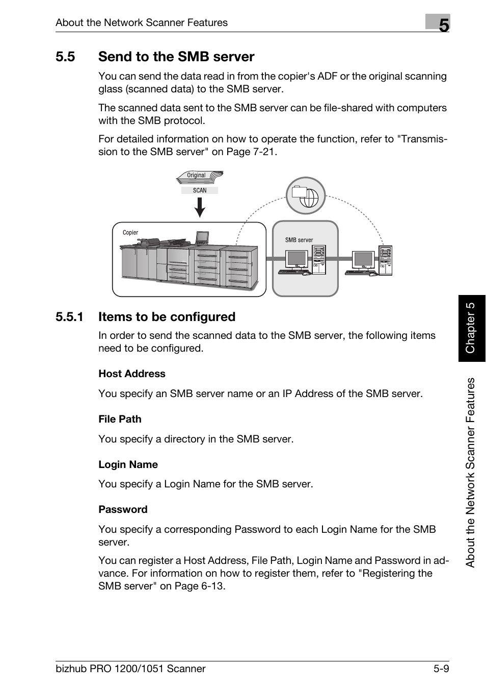5 send to the smb server, 1 items to be configured, Send to the smb server -9 | Items to be configured -9, Send to the smb server" (p.5-9), Send to the smb server, P.5-9 | Konica Minolta bizhub PRO 1200 User Manual | Page 88 / 170