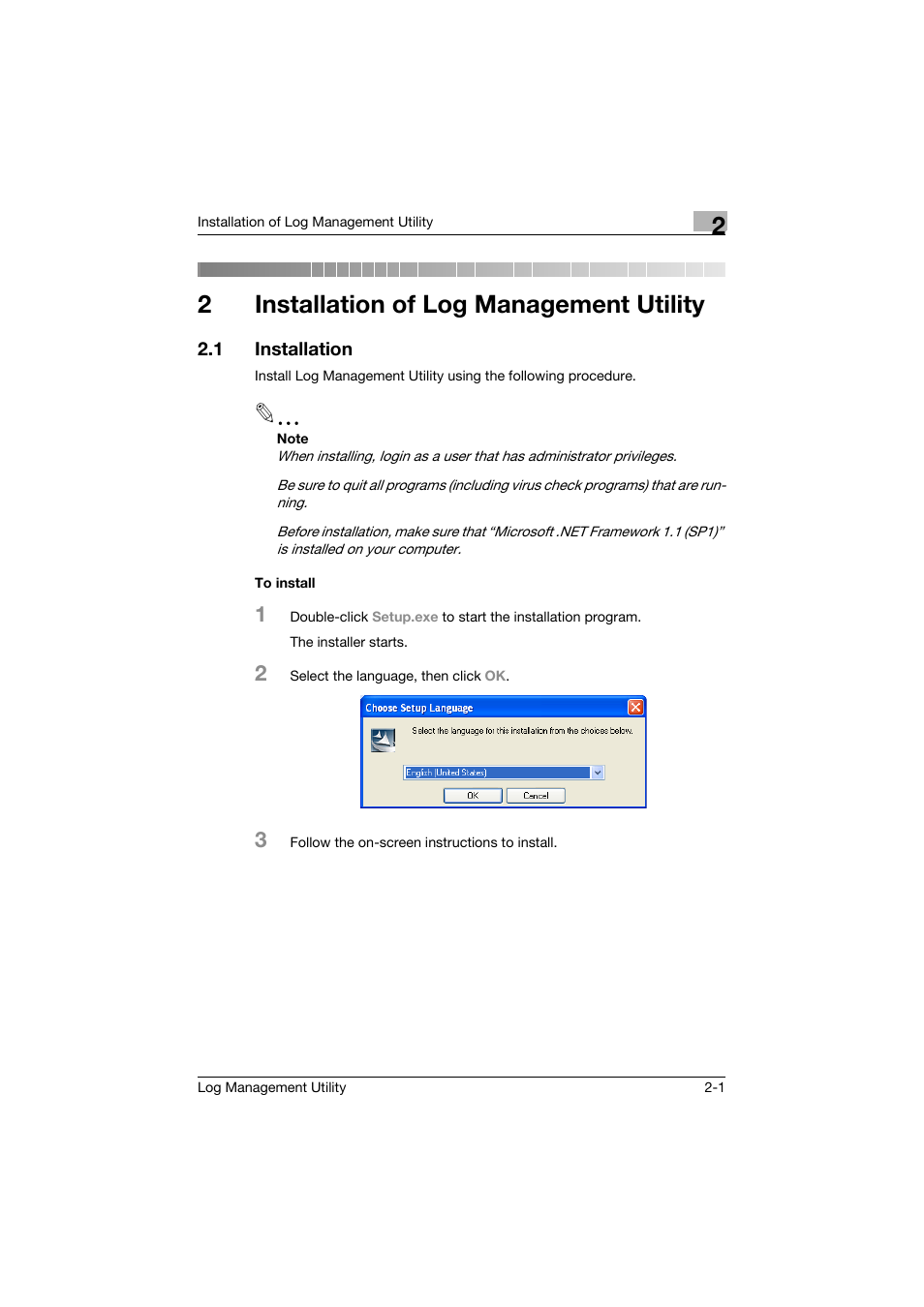 2 installation of log management utility, 1 installation, Installation of log management utility | Installation -1, 2installation of log management utility | Konica Minolta PageScope Log Management Utility User Manual | Page 12 / 76