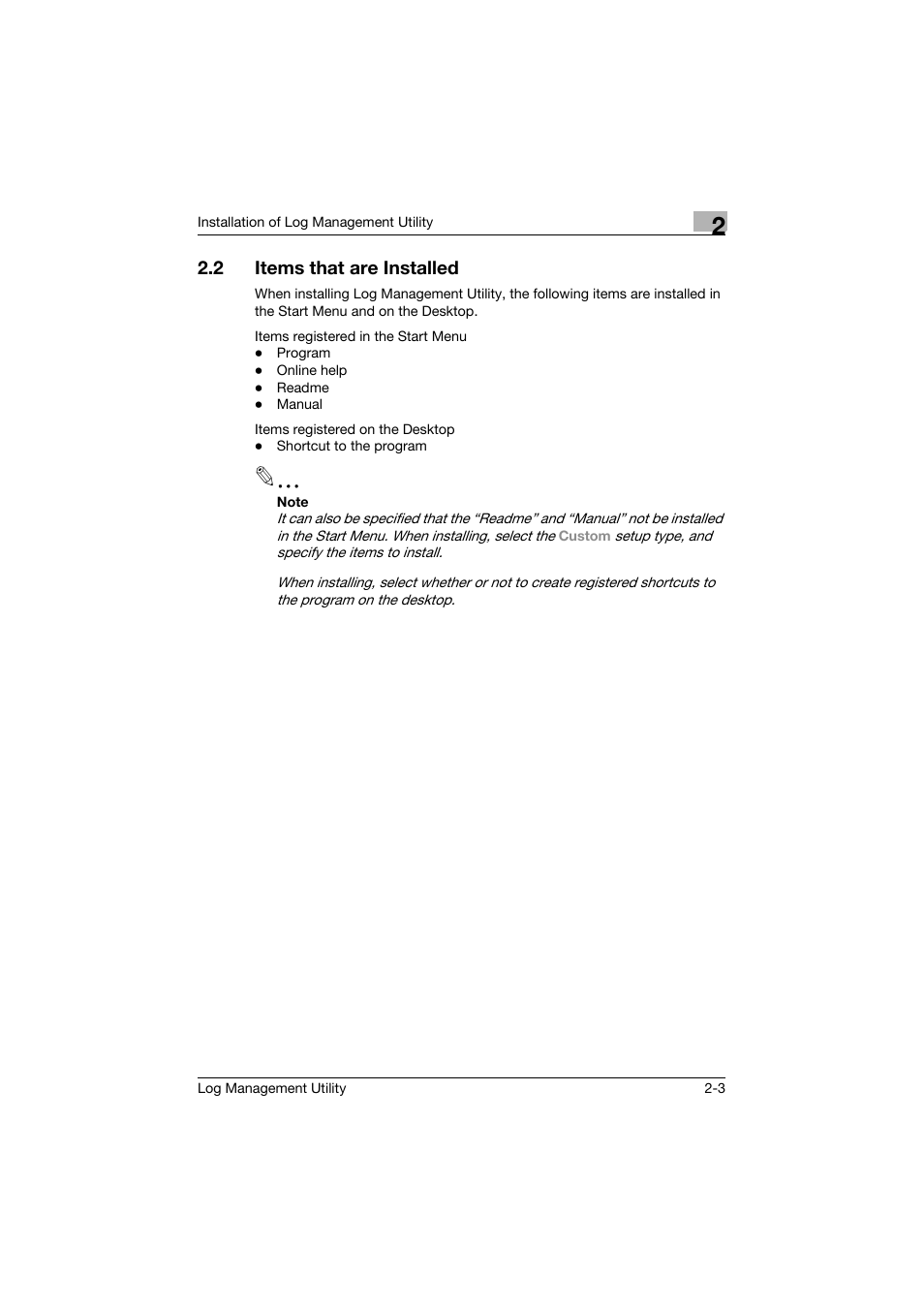 2 items that are installed, Items that are installed -3 | Konica Minolta PageScope Log Management Utility User Manual | Page 14 / 76