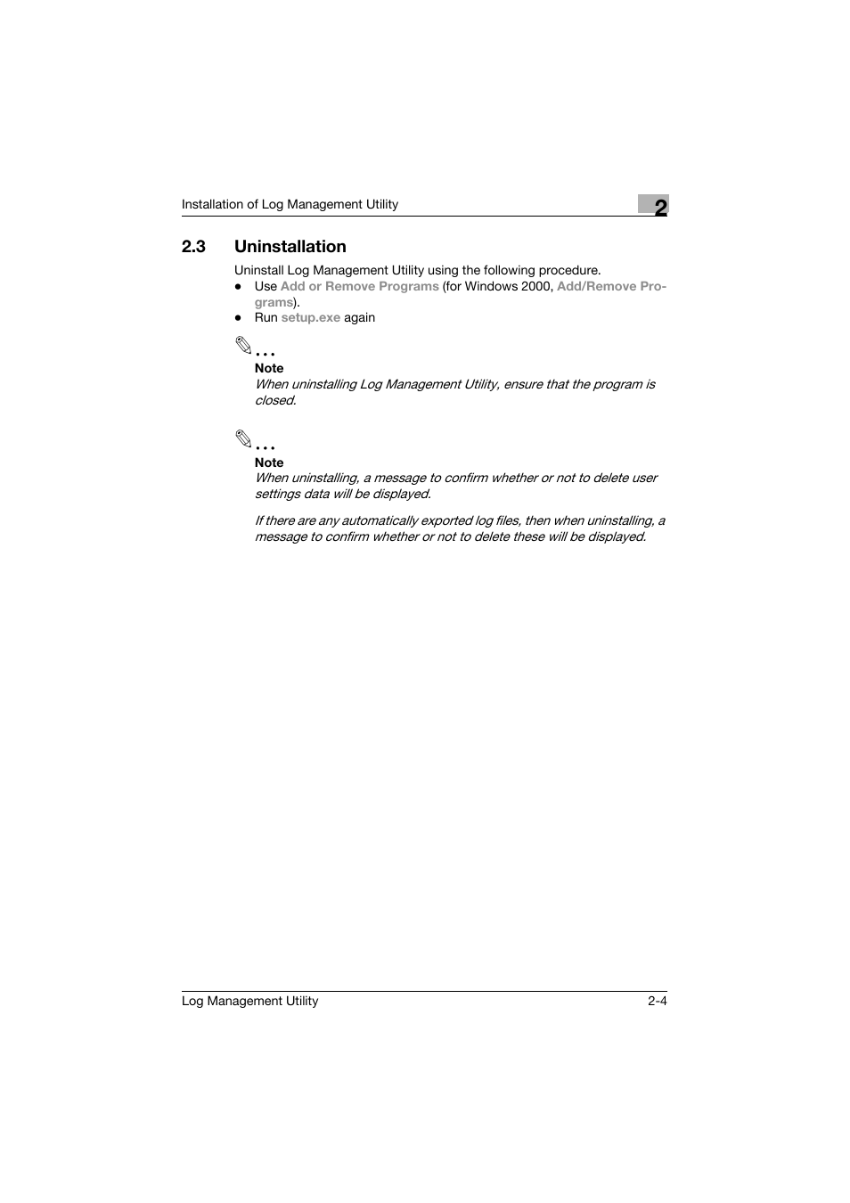 3 uninstallation, Uninstallation -4 | Konica Minolta PageScope Log Management Utility User Manual | Page 15 / 76