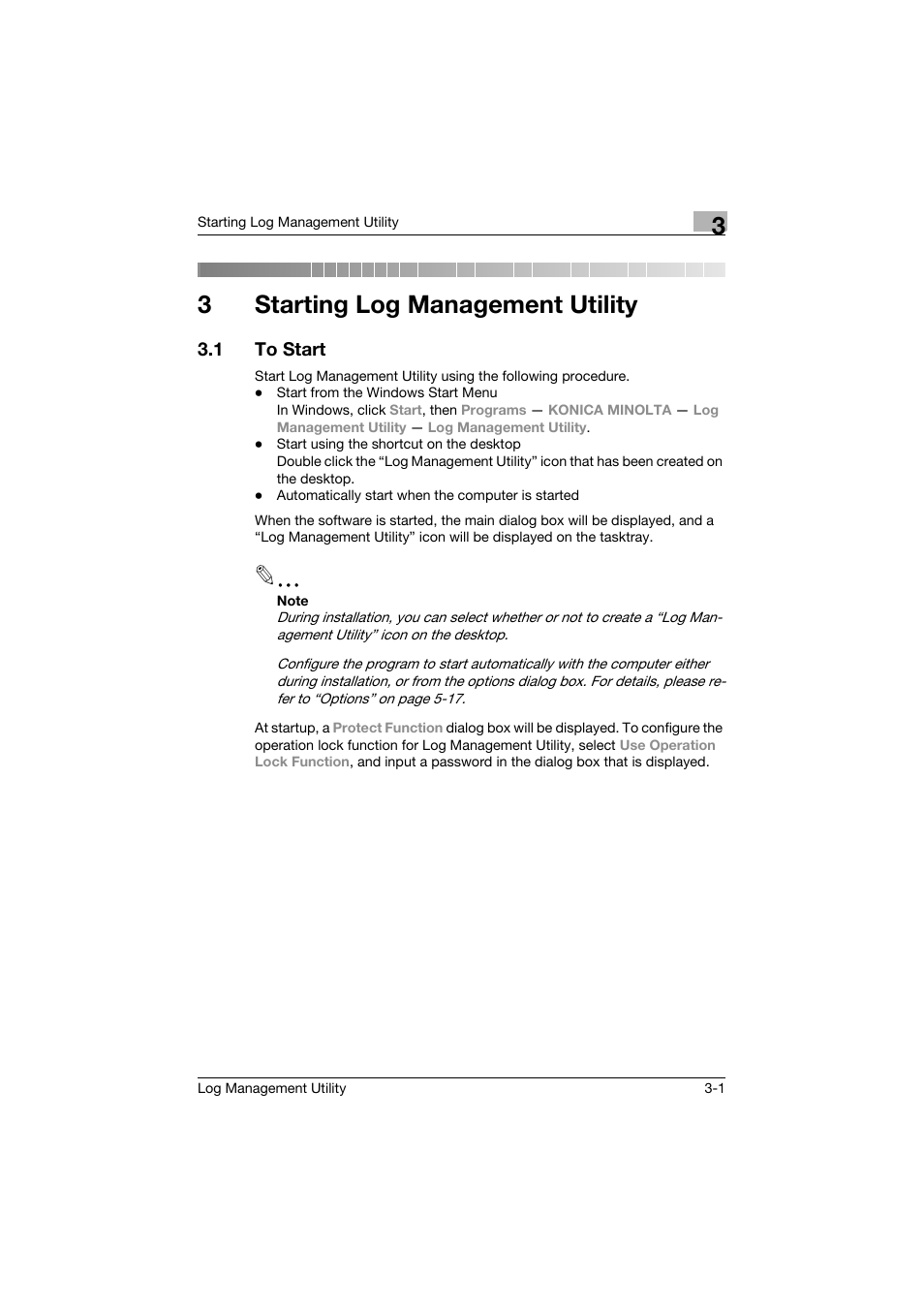 3 starting log management utility, 1 to start, Starting log management utility | To start -1, 3starting log management utility | Konica Minolta PageScope Log Management Utility User Manual | Page 16 / 76