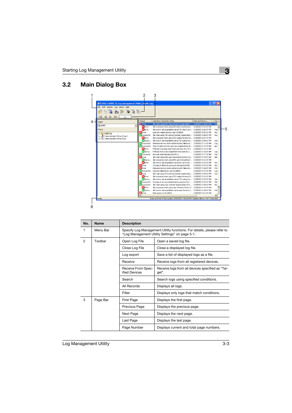 2 main dialog box, Main dialog box -3 | Konica Minolta PageScope Log Management Utility User Manual | Page 18 / 76