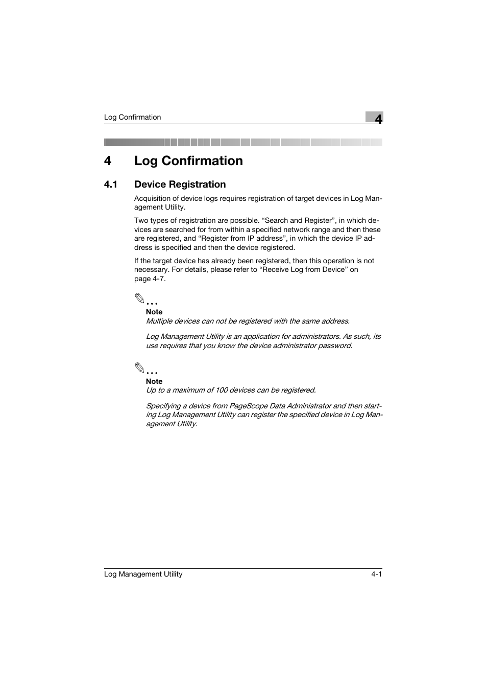 4 log confirmation, 1 device registration, Log confirmation | Device registration -1, 4log confirmation | Konica Minolta PageScope Log Management Utility User Manual | Page 22 / 76