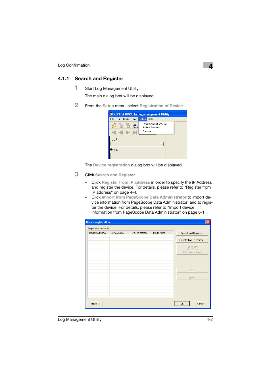 1 search and register, Search and register -2 | Konica Minolta PageScope Log Management Utility User Manual | Page 23 / 76