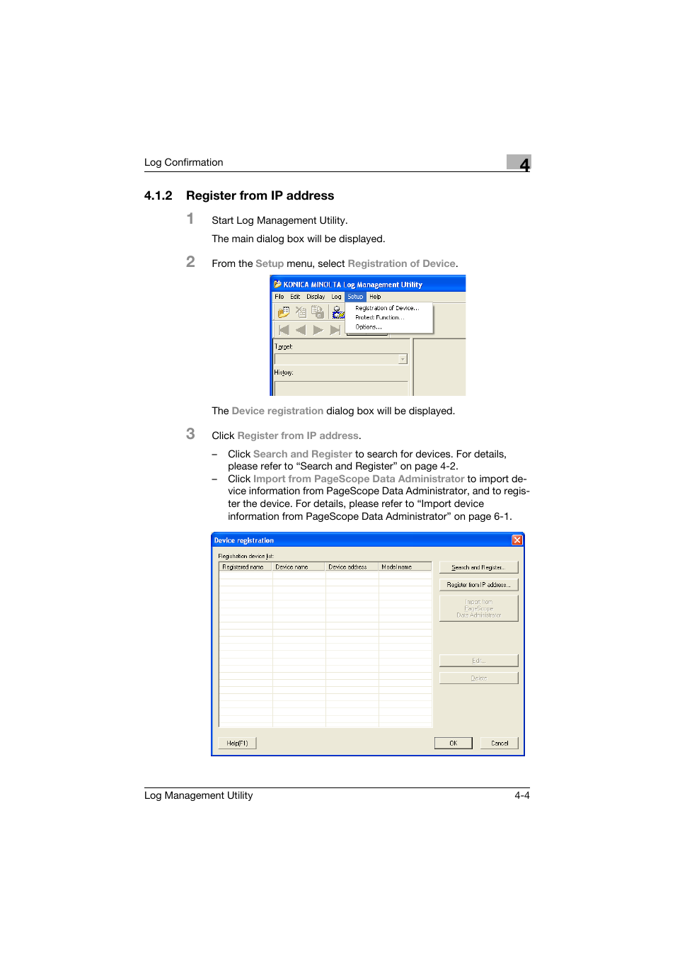2 register from ip address, Register from ip address -4 | Konica Minolta PageScope Log Management Utility User Manual | Page 25 / 76